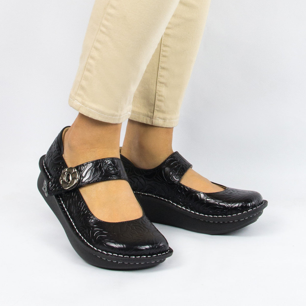 Alegria Paloma Black Embossed Rose Mary Jane