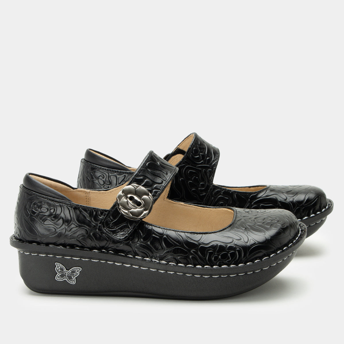Alegria Paloma Black Embossed Rose Mary Jane